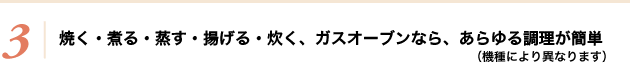 3　焼く・煮る・蒸す・揚げる・炊く、ガスオーブンなら、あらゆる調理が簡単（機種により異なります）